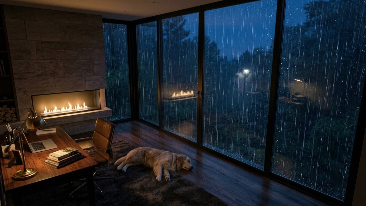 Heavy Rain at a Dark Modern Study Room Window (3 Hours) | Cozy Fireplace & Sleeping Golden Retriever