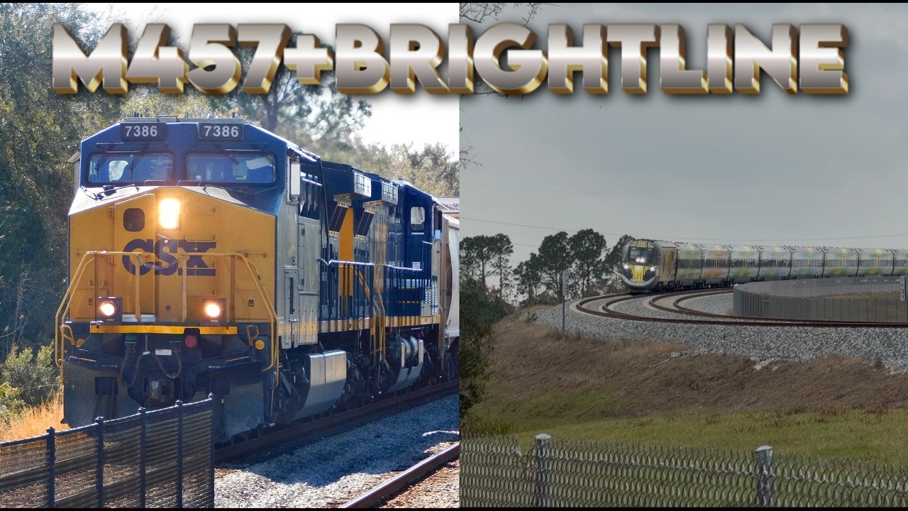 CSX Train M457 at Meadow Woods + Southbound Brightline Train