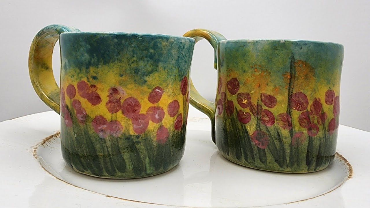 Sponge Painting Flowers on Bisqueware Mugs with Amaco Velvet Underglazes.  3.10.24