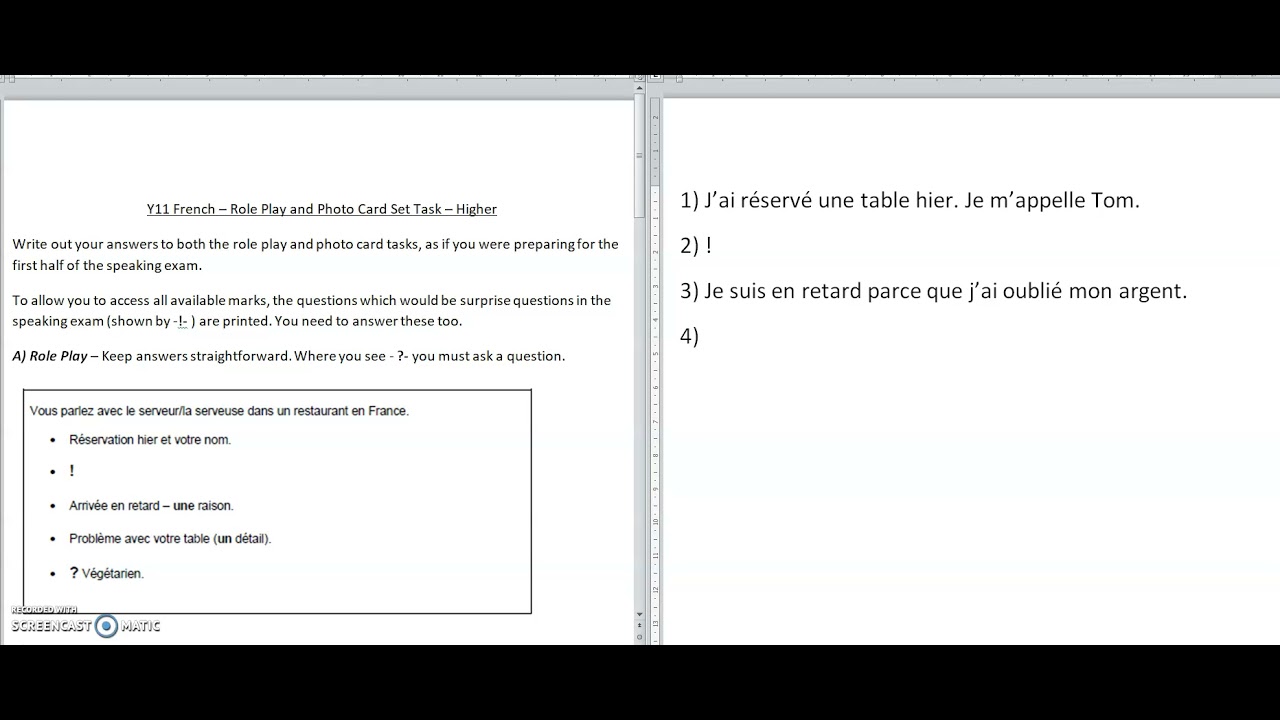 AQA GCSE French Speaking Role play Higher Tier