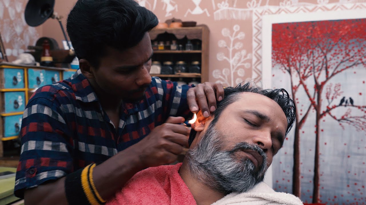 Master Cracker Fire Hair Removal and Head and Ear Cleaning Massage | Indian Massage