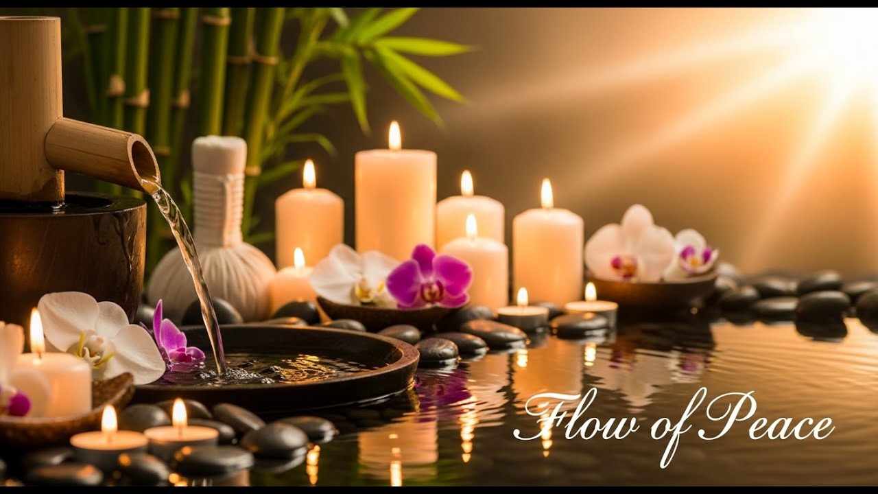 Healing Zen Flowing Water Bamboo Fountain and Candle Glow for Meditation Deep Sleep and Serenity