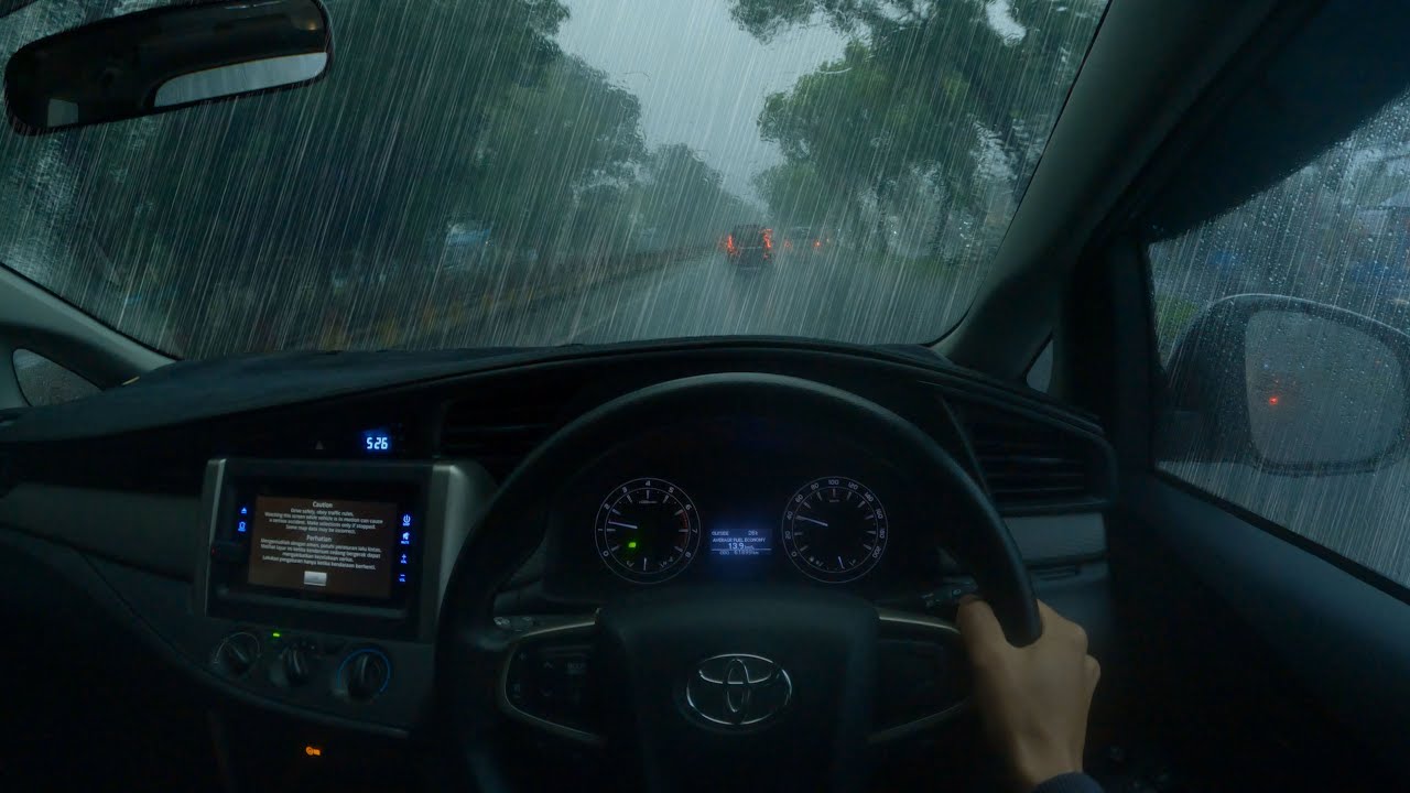 Driving in heavy rain and flooding - Relaxing rain for sleep, work, study