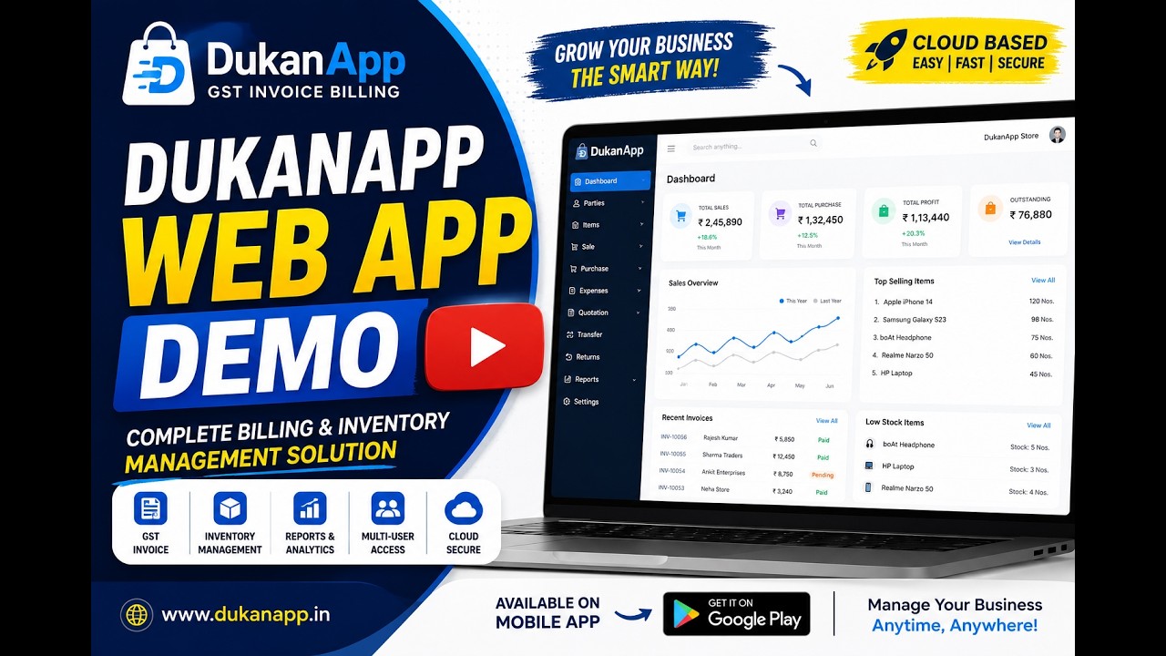 Best GST Billing Invoice and Inventory Management App for Indian Businesses- DukanApp Web Demo