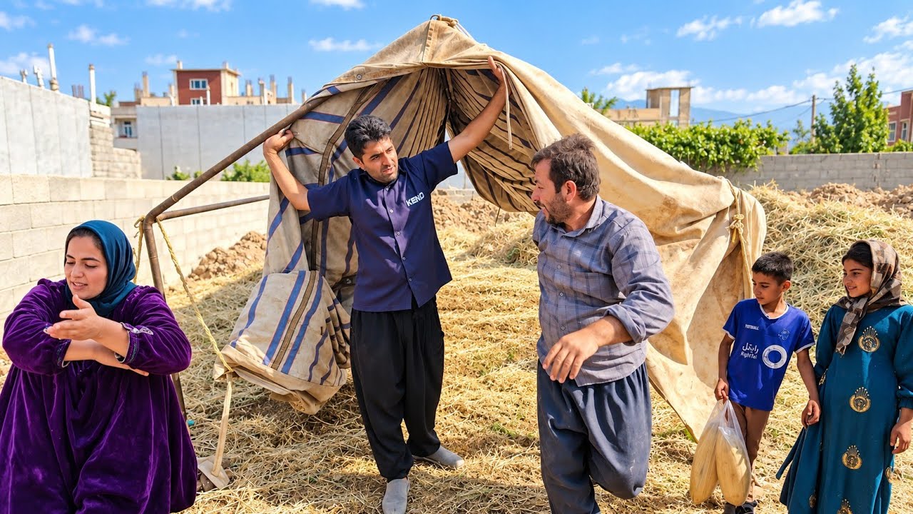Setting up a nomadic tent for the building's security guard; Mashala, on the way to building a house