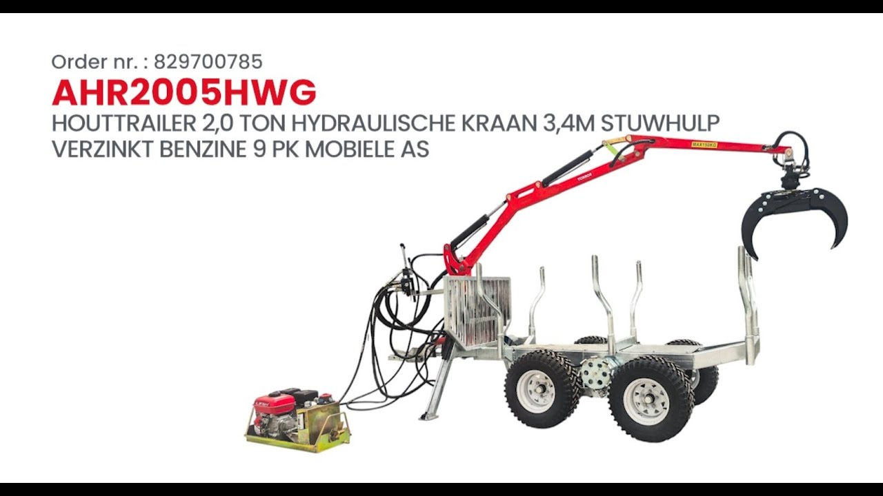 Houttrailer  hydraulische kraan 3,4m stuwhulp verzinkt benzine 9 pk mobiele as - AHR2005HWG | Torros