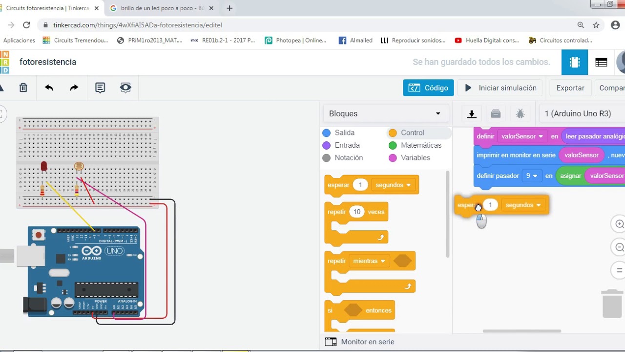 Programación de sensor de luz. Arduino bloques.