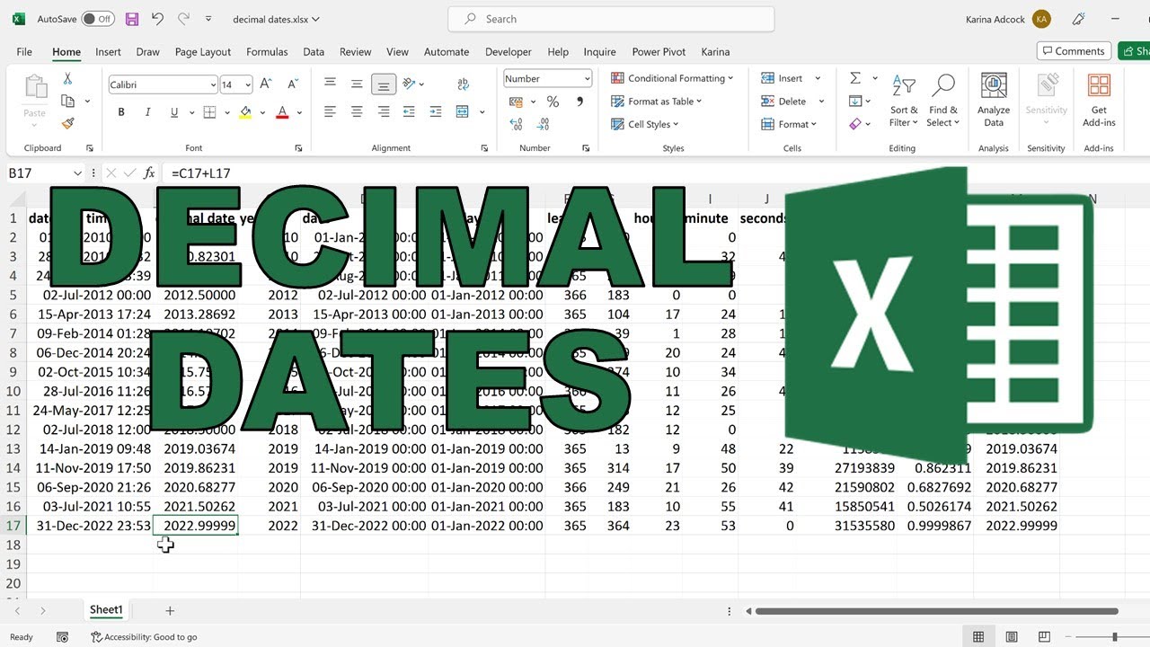 How to calculate decimal dates from date and time in excel