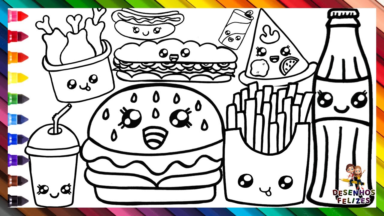 Desenhar E Colorir Comida R&aacute;pida 🍔🥤🌭🍕🥪🍗 Hamb&uacute;rguer, Refrigerante, Cachorro Quente, Pizza e Mais