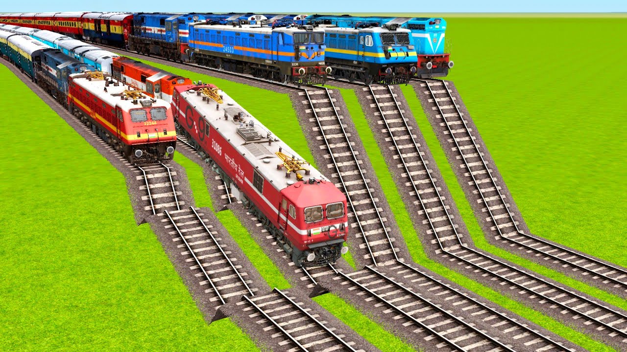 MULTIPLE TRAINS CROSSING AND CRASHING ON HIGH AND DOWN STAIR RAILWAY TRACKS|🔺 Train simulator|