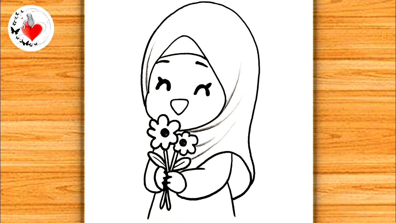 A Cute Muslim Girl with Flowers | Muslim Girl Drawing | How to Draw a Girl in Hijab ( very easy)