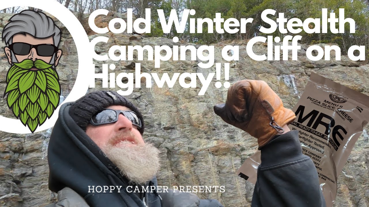 Winter Stealth Camping a Highway Cliff !! MRE & Cliff camping Frigid Night was it too cold?! Almost!