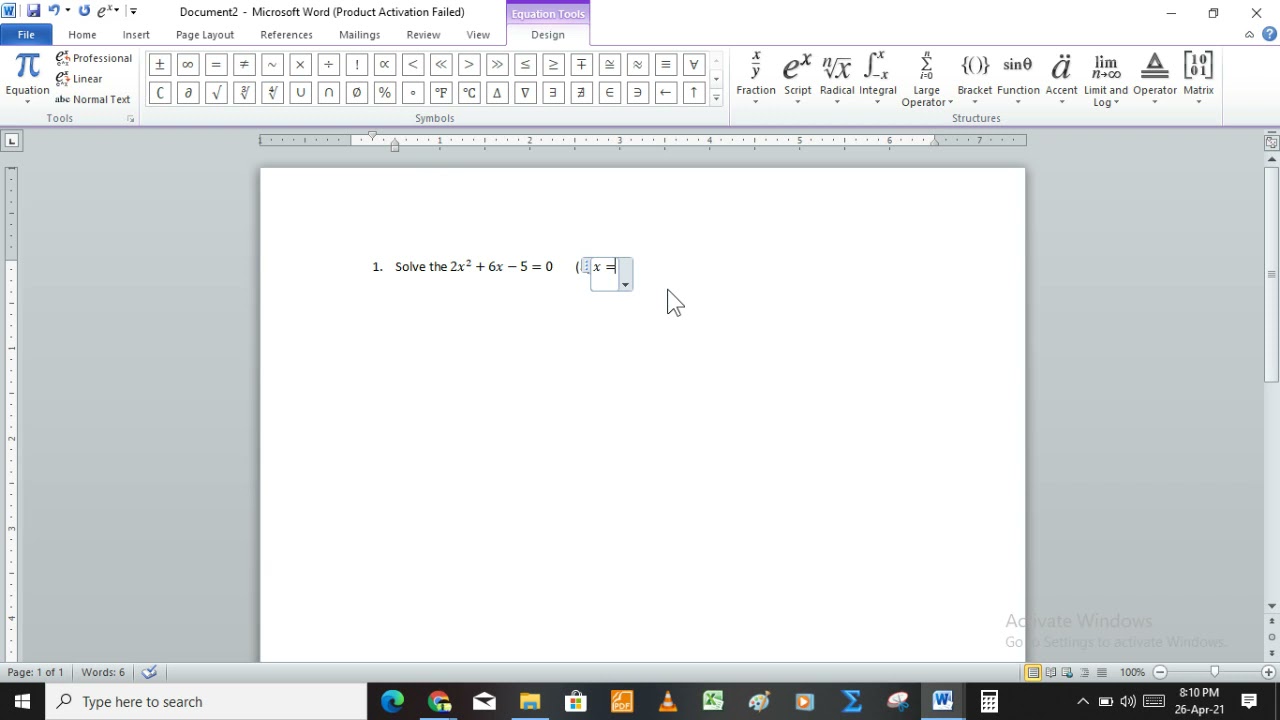 how to use Microsoft office to type mathematical equation