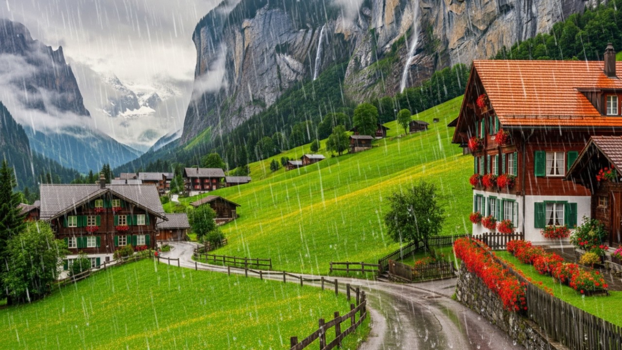 Rainy Day Walking Tour in Switzerland 4K 🌧️ Calm Village Rain Sounds
