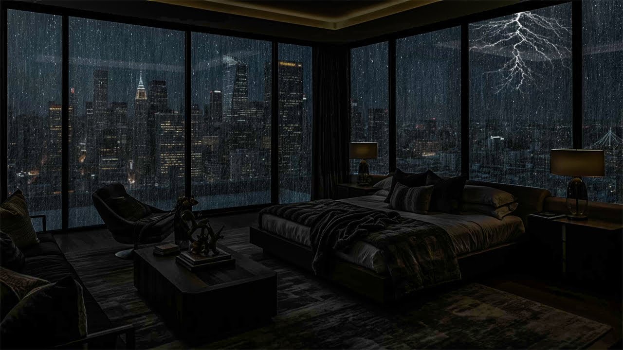 Rainy City Nights 🌃Distant Thunder - ASMR Rain Sounds in Million Apartment for Sleep & Relaxation