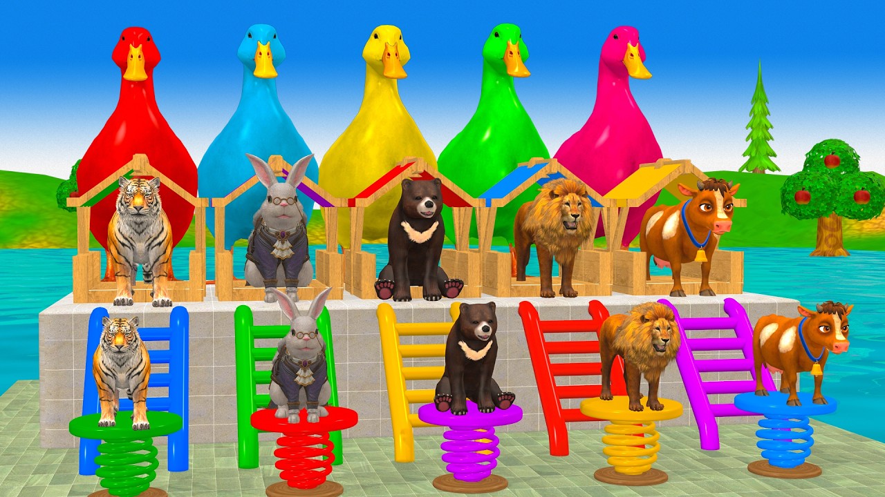 Long Slide Game With Cow Elephant Gorilla Hippopotamus Tiger - 3d Animal Game - Funny 3d Animals