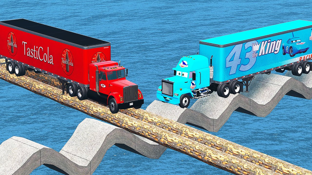Mack truck vs Dinoco Truck vs Parallel log and Wave Track Crossing - BeamNG.Drive