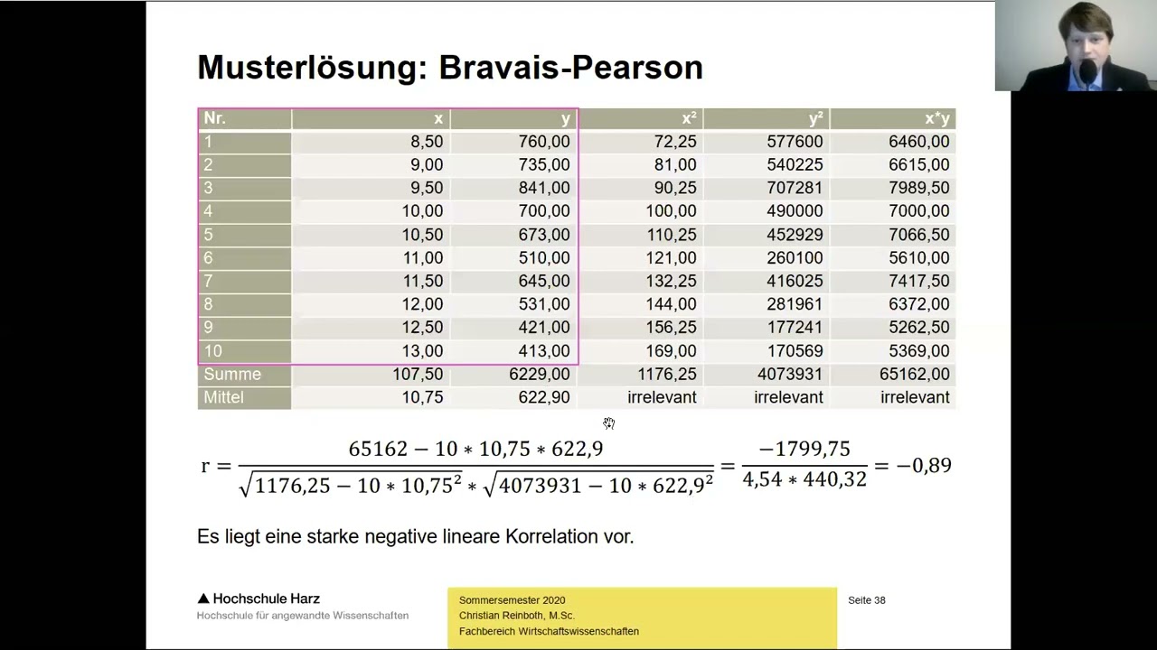Klausurübung Statistik: Wie berechnet man den Korrelationskoeffizienten nach Bravais-Pearson?