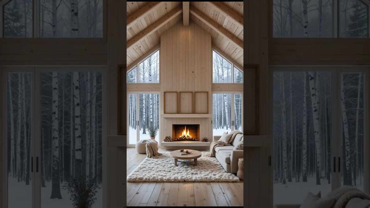 Cozy Scandinavian Living Room with Fireplace & Snowy Forest | Relaxing Winter Cabin Ambience