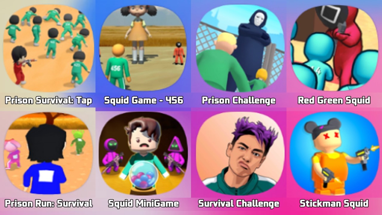 Prison Escape Challenge, 456 Squid Game, Mingle Game, Red Light, Green Light, Superhero Squid Game