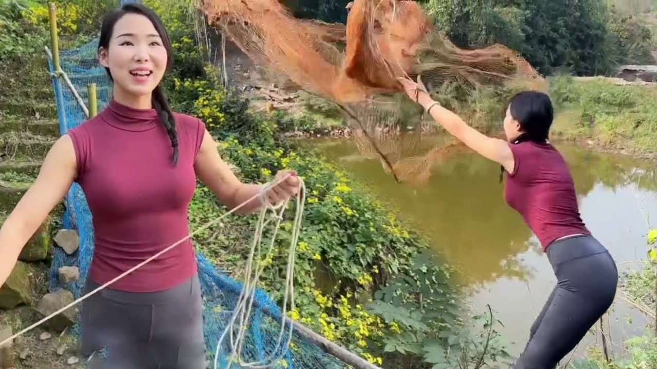 下网捞鱼！美女自学撒网，一网捕捞30斤大鱼！【文杰吖】