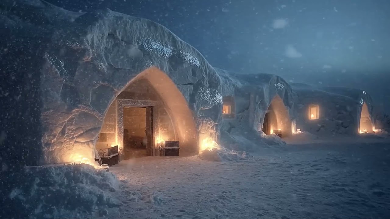 Ice Hotel Night Experience | Harsh Arctic Blizzard Outside, Cozy Igloo Warmth for Deep Relaxation