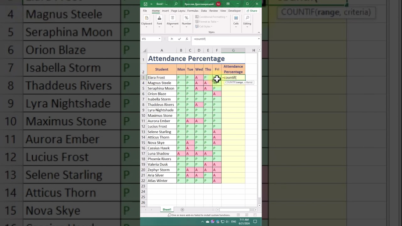 Calculate Attendance Percentage: COUNTIF Function in Excel #excelshorts #exceltips #excel