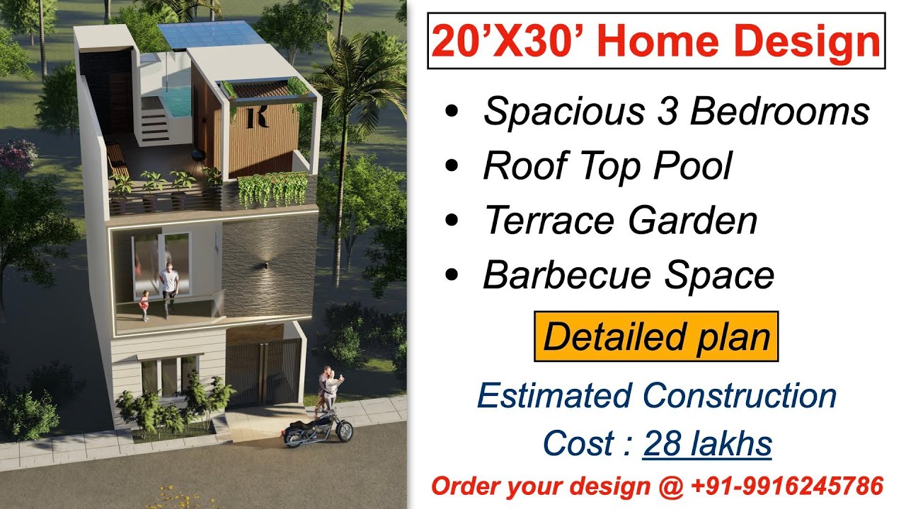 20X30 Feet 3 BHK Duplex House Design with Roof Top Pool | 600 Sqft House Plan