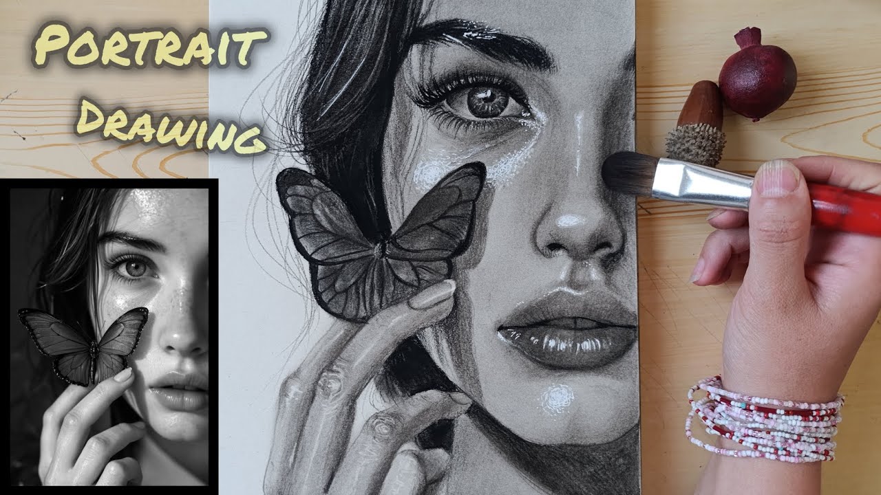 How to Draw a Realistic Girl Side View + Butterfly | Charcoal Pencil Sketch for Beginners