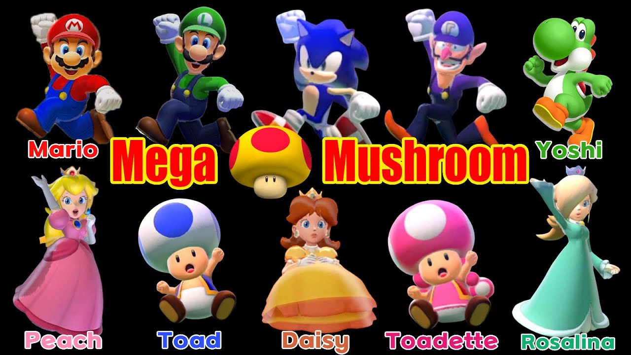Super Mario 3D World Ten(10) Characters  Mega Mushroom Transformation, Sonic and mario with friends