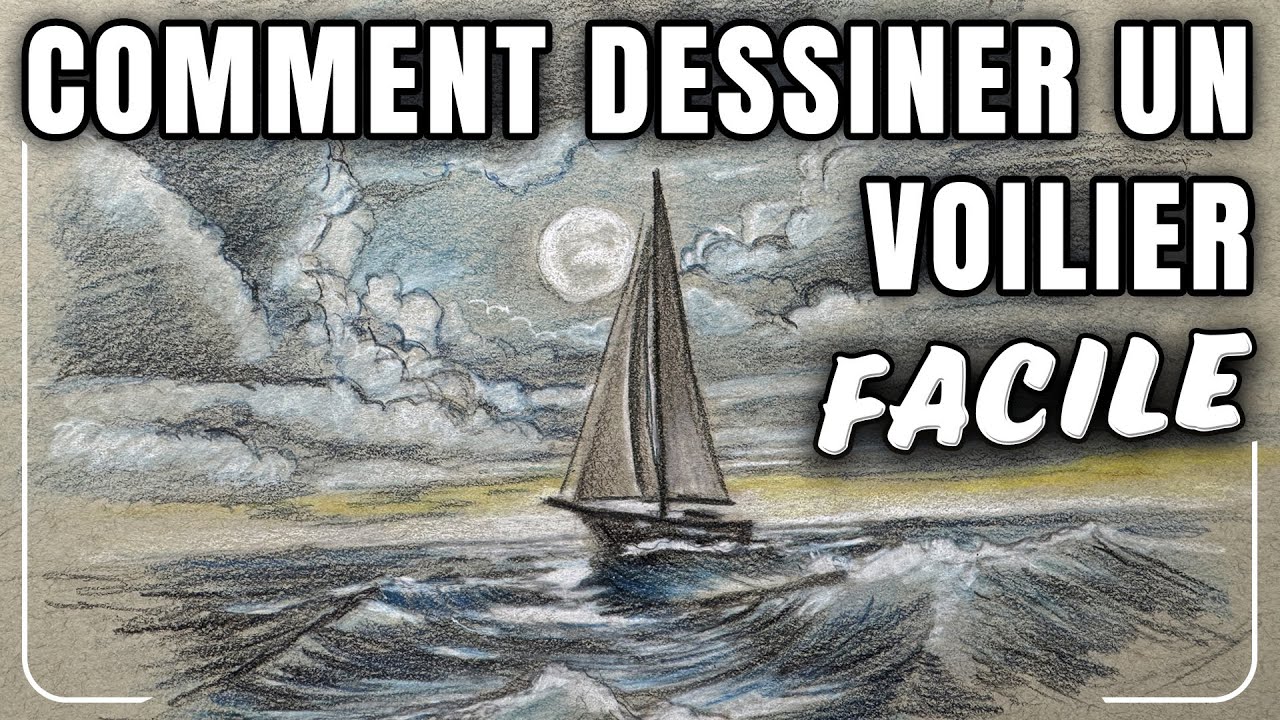 COMMENT METTRE EN SCÈNE UN VOILIER - DESSIN COMPLET EN COULEUR D'UN VOILIER EN PLEINE MER DE NUIT