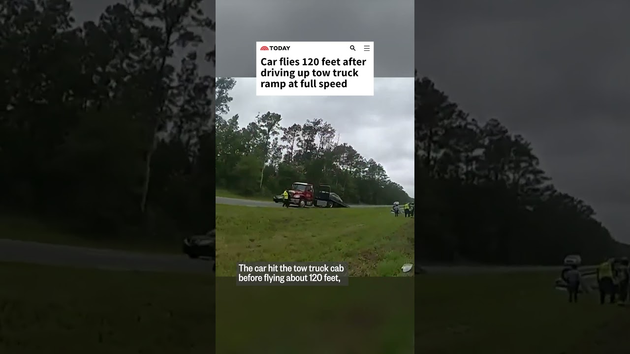 Car flies 120 feet after driving up tow truck ramp at full speed
