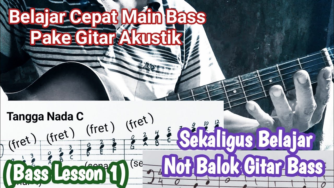 Belajar Cepat Main Bass Pake Gitar Akustik Untuk Pemula [ Dengan Membaca NOT BALOK (Bass Lesson 1)