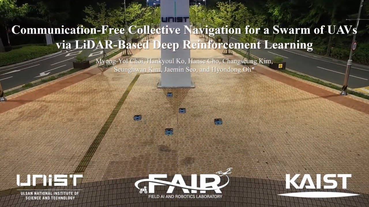 Communication-Free Collective Navigation for a Swarm of UAVs via LiDAR Based Deep RL