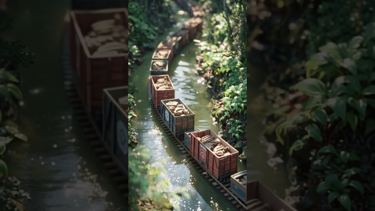 The Miniature Train Moves Slowly In The Shallow River Water.  