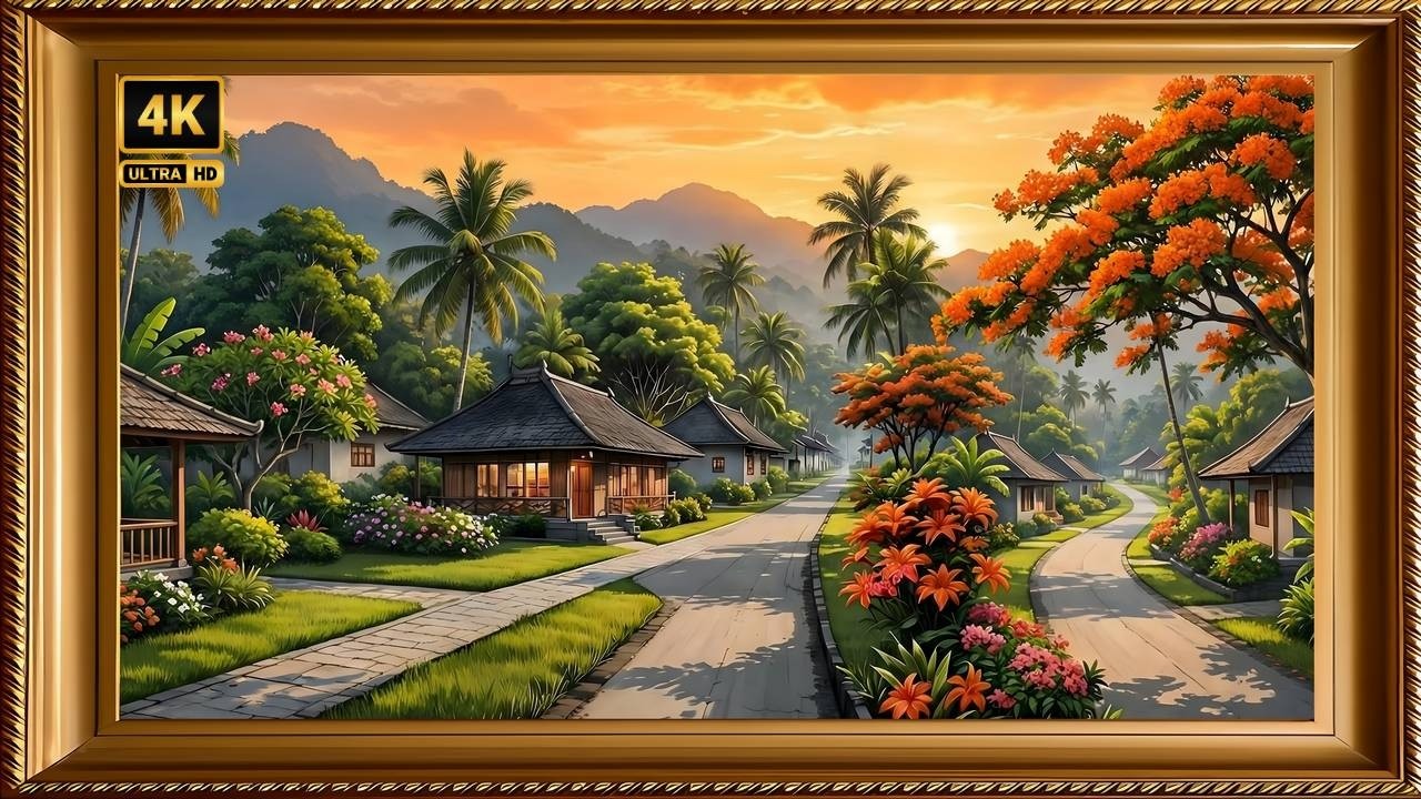 Tropical Village Sunset 4K 🌺 Frame TV Art | Bali Garden Paradise