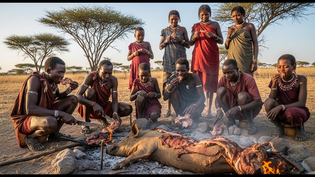 Hadzabe Tribe Hunting Wild Pig and Cooking Traditional Meal in Tanzania