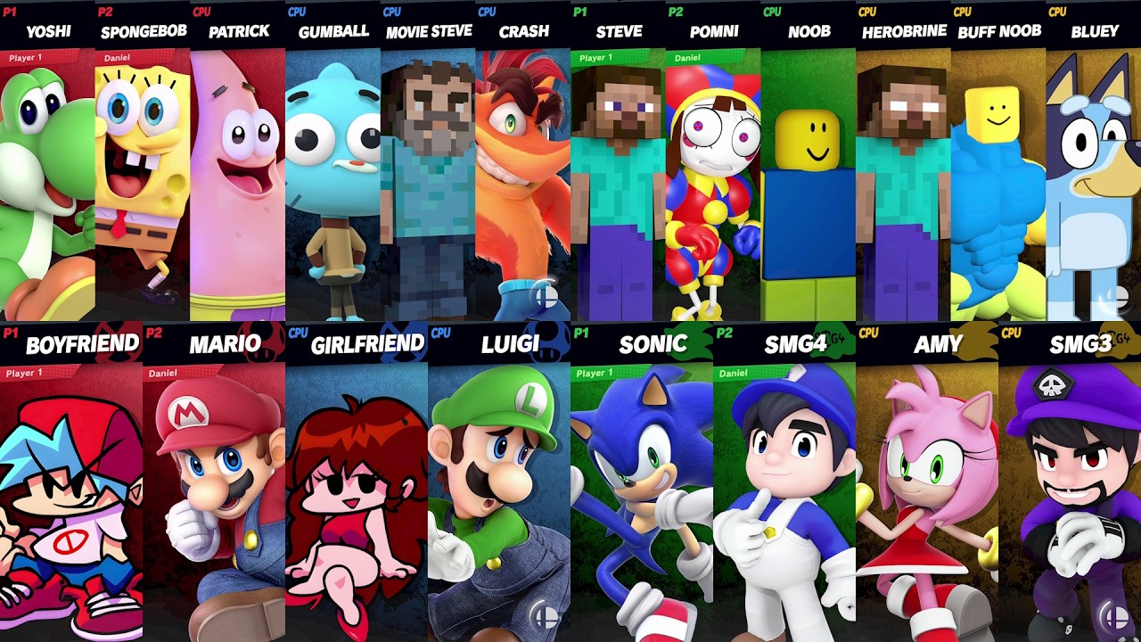 NEW Sonic vs Mario vs Roblox vs Minecraft vs Bluey vs SpongeBob vs Crash vs Amy in Super Smash Bros