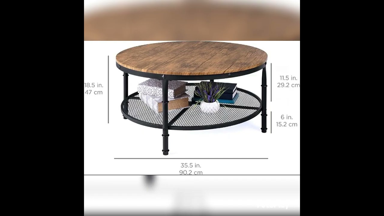 Coffee Table 2-Tier Round Industrial Wood Steel Metal Storage Shelves Furniture