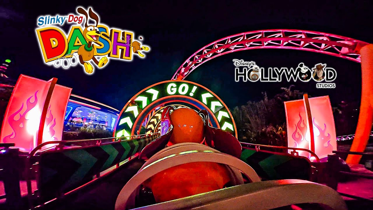 Slinky Dog Dash Roller Coaster at Night On Ride Front Seat 4K POV Walt Disney World 2025 10 14