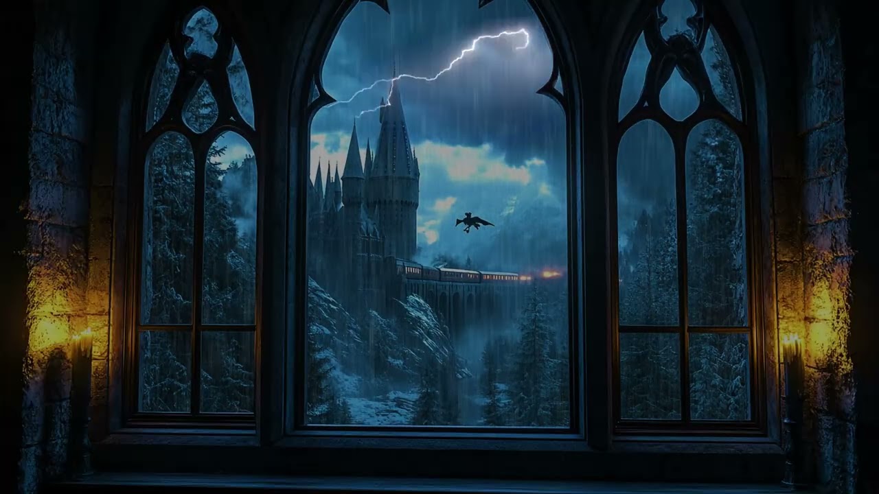 Dark Rain Outside Hogwarts Window at Night, Peaceful Castle Ambience for Deep Sleep