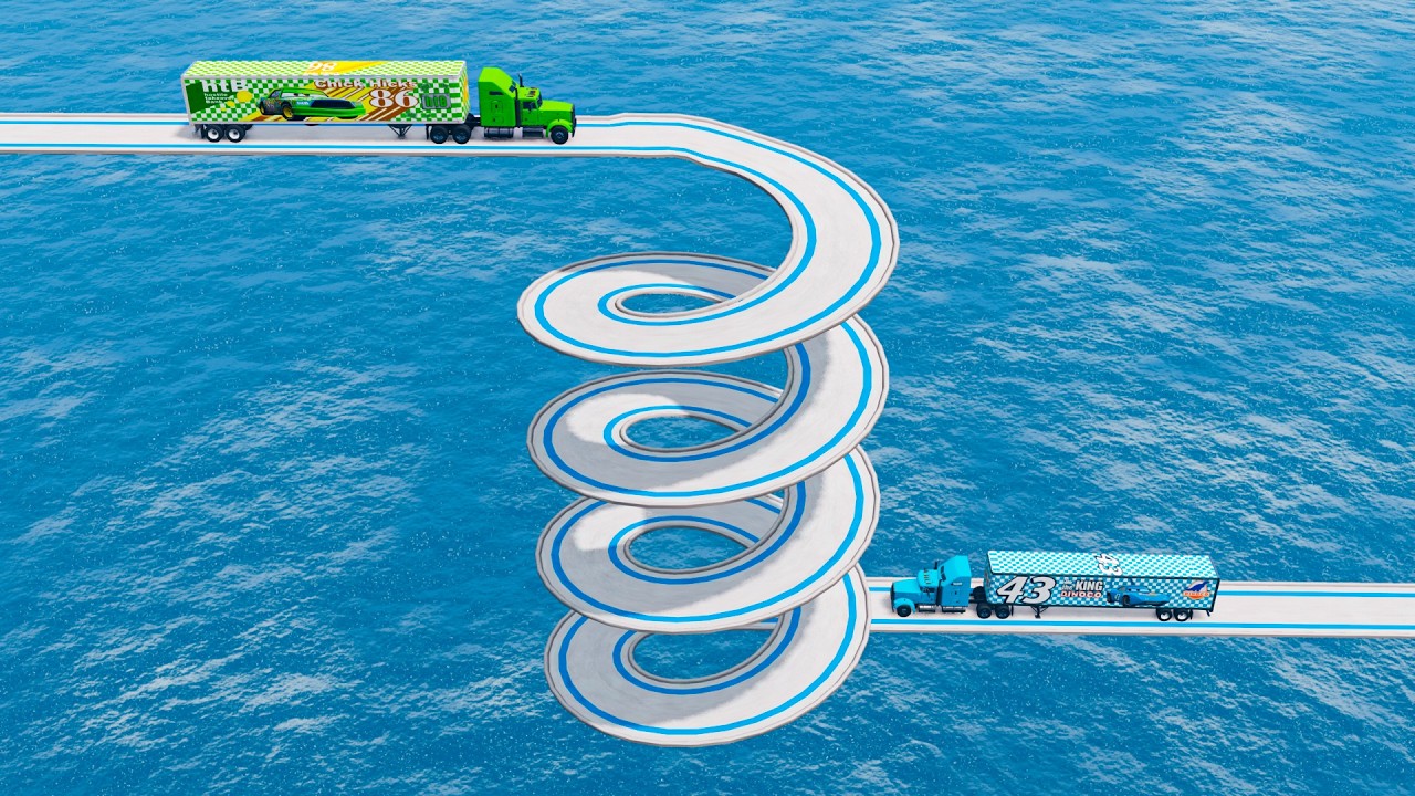King Dinoco Truck Vs Chick Hicks Truck vs Impossible Spiral Bridge vs Deep Water   BeamNG.drive