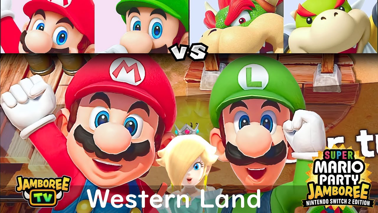 Super Mario Party Jamboree TV Mario and Luigi vs Bowser and Bowser Jr in Western Land