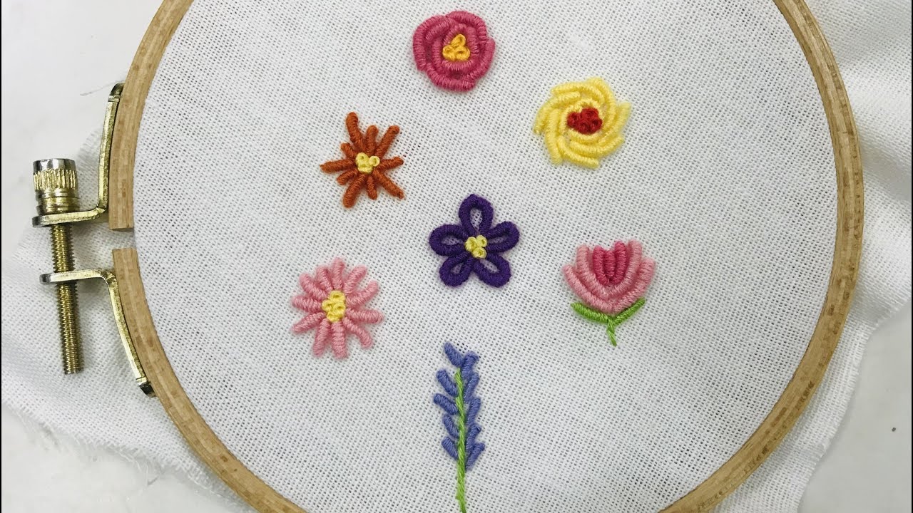 7 Types of Flower hand embroidery design with Bullion stitch (Applied in flowers)