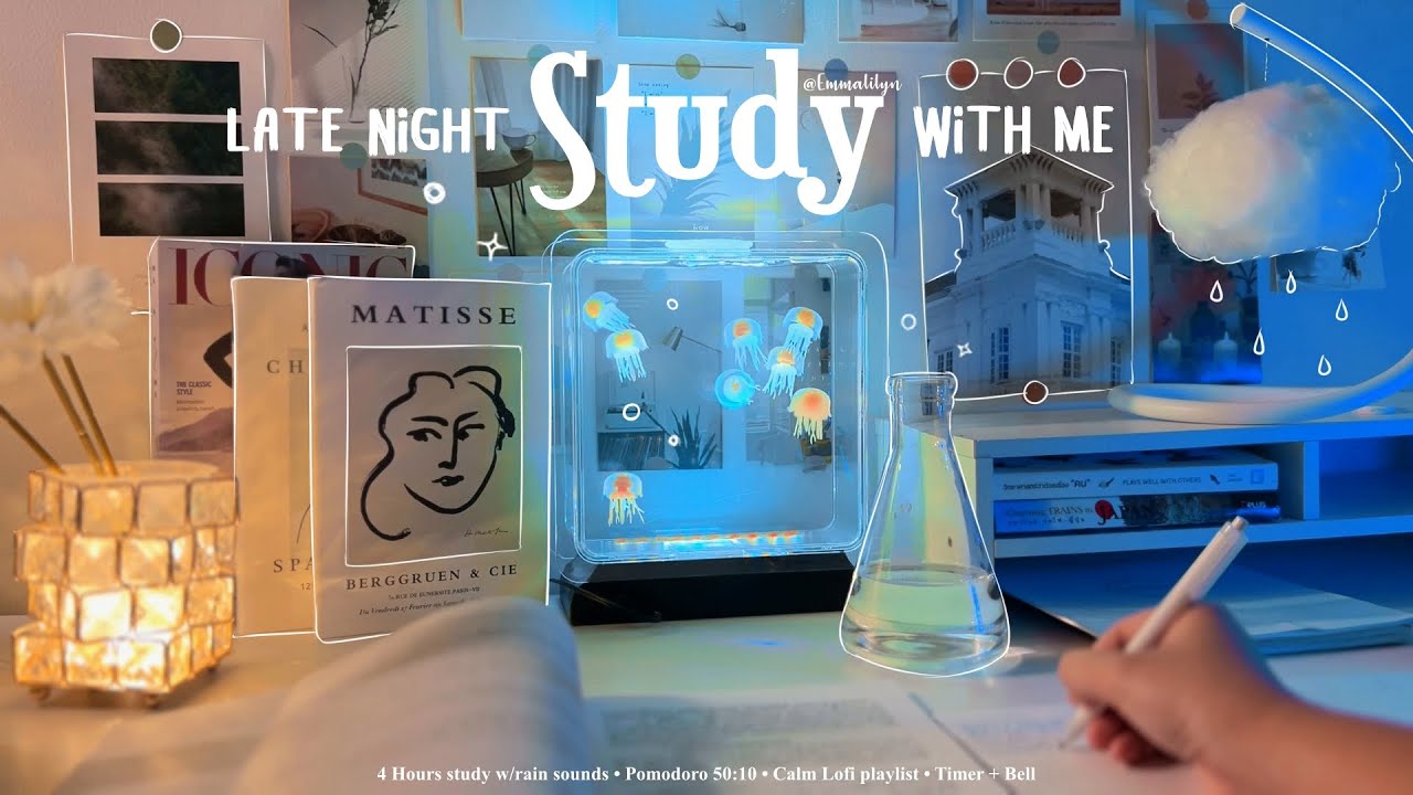 4-HOUR 🩵 Late Night Study With Me • Rain sounds☔+ Lofi bgm • Pomodoro 50-10 • Day261🌊