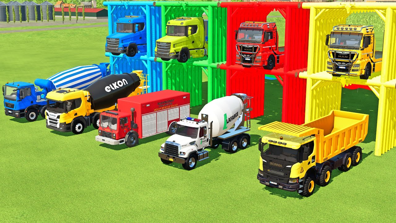 TRANSPORTING EXCAVATOR, MIXER TRUCK, BULLDOZER, POLICE CARS TO GARAGE WITH MAN TRUCK - FS22