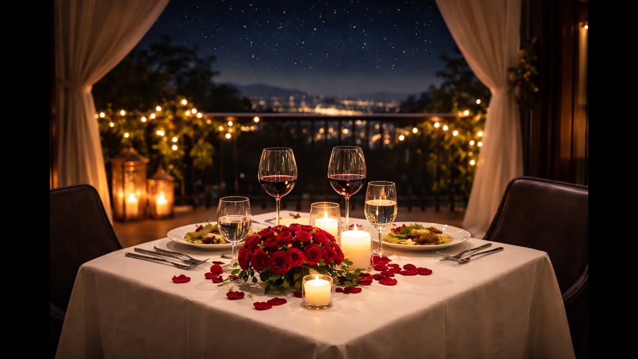 Romantic Dinner Ambience 🌹 | Cozy Balcony Night with Acoustic Guitar & Piano Music