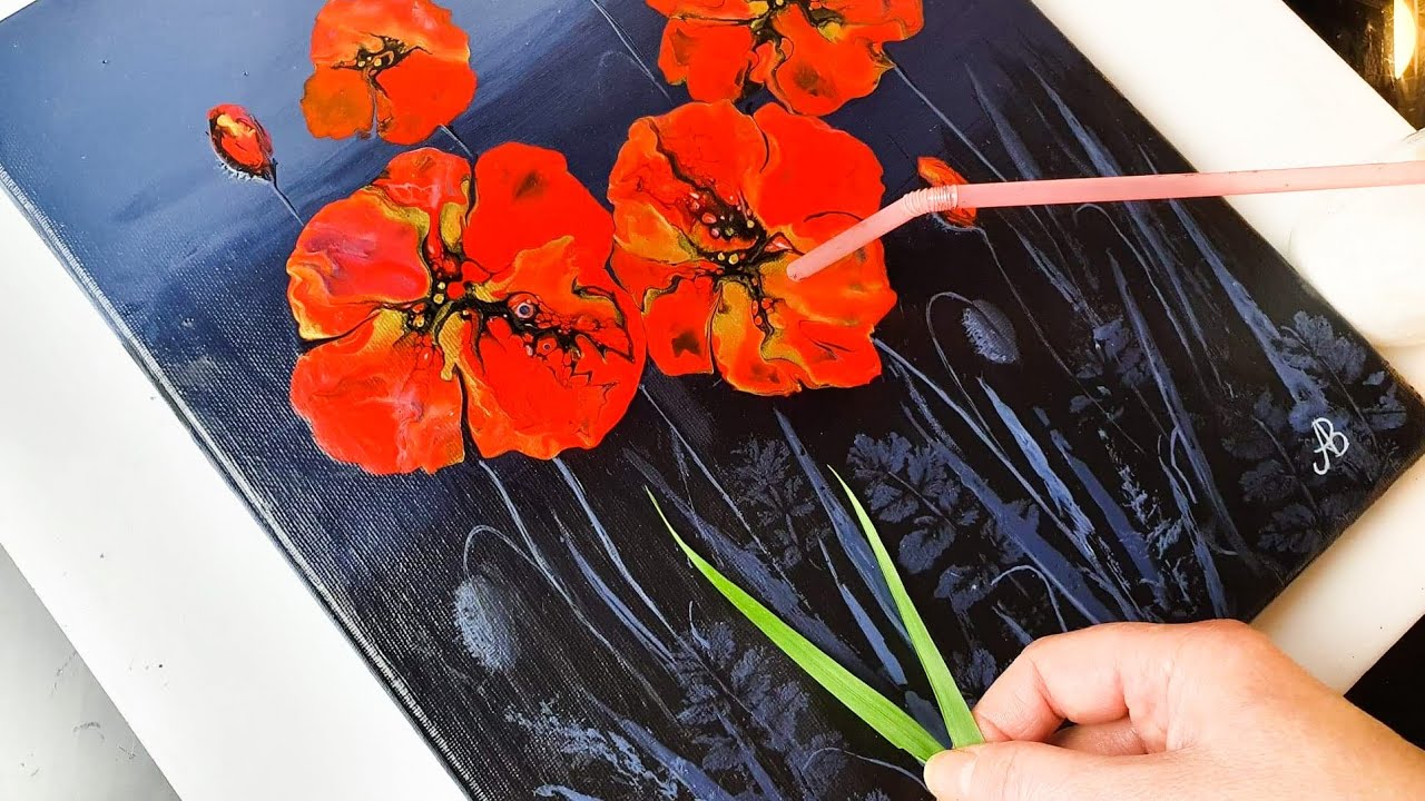 Painting Beautiful Poppies using REAL Plants - Straw Blow | ABcreative | Acrylic Pouring Tutorial