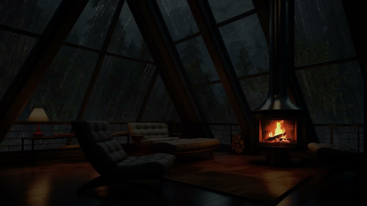 Sótão acolhedor com lareira e chuva natural para dormir profundamente e relaxar