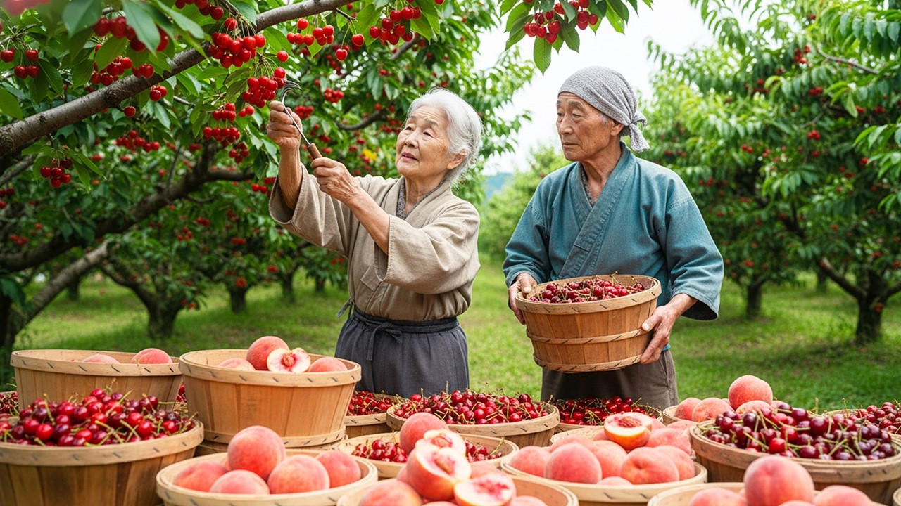 Peaceful Countryside Farm Life in Rural Japan – Cherry & Peach Harvest in the Orchard